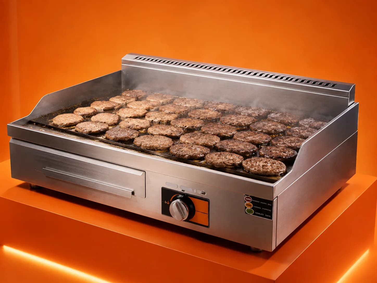 A stainless steel commercial flat-top griddle with a full load of burger patties searing across its surface.