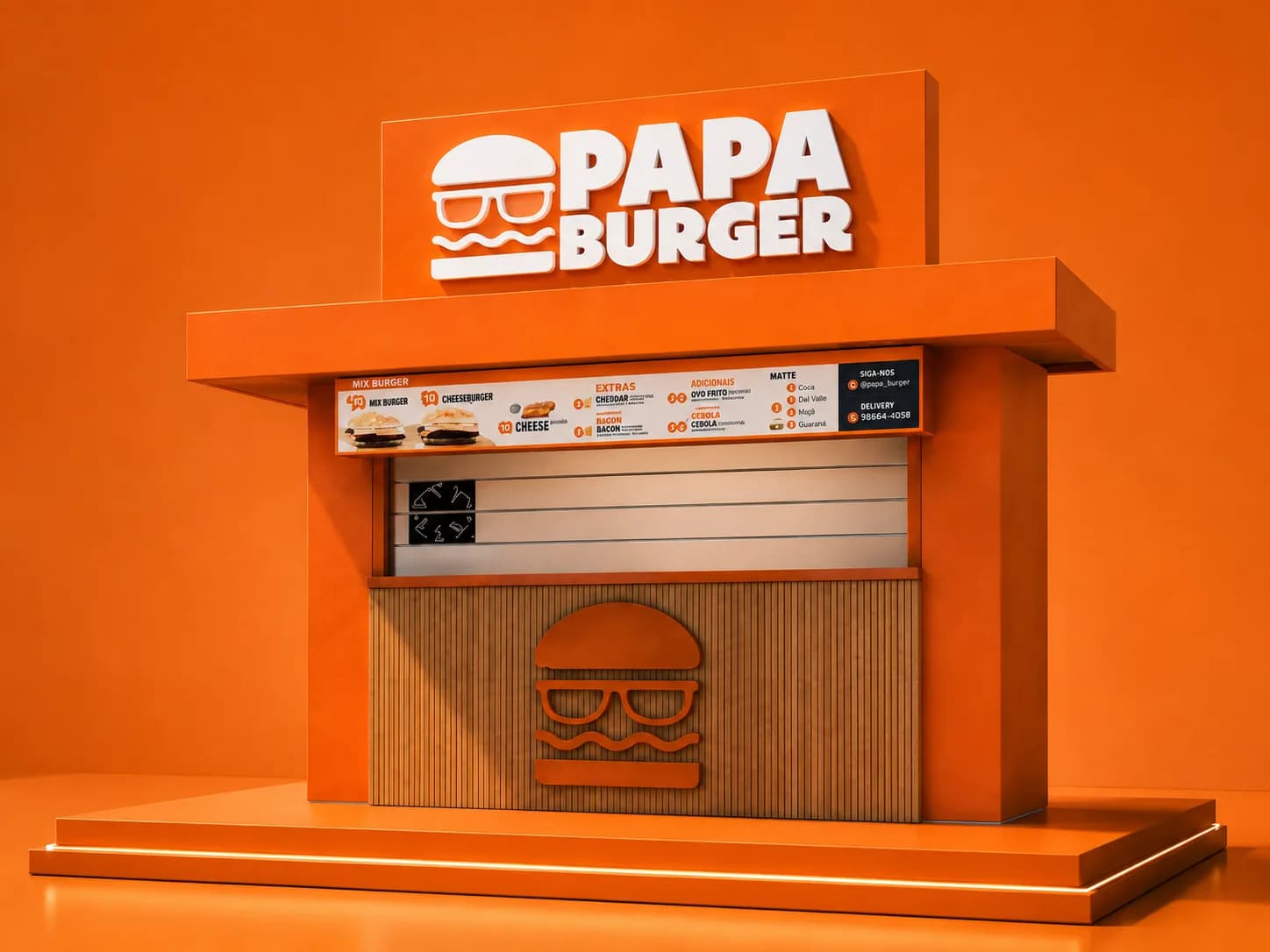 A complete Papa Burger kiosk in brand orange, with an illuminated logo sign, a lit menu board above the service window, and a slatted timber counter front carrying the burger mark.