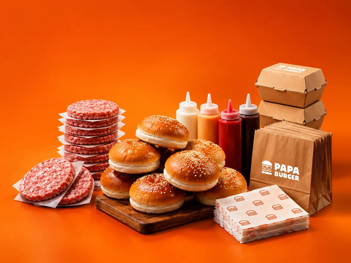 An opening delivery laid out together: stacked raw patties, sesame buns on a wooden board, squeeze bottles of sauce, and branded Papa Burger boxes, paper bags and wrappers.