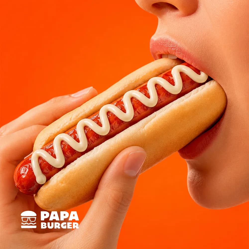 A hand holding a Papa Cheesy Hotdog.